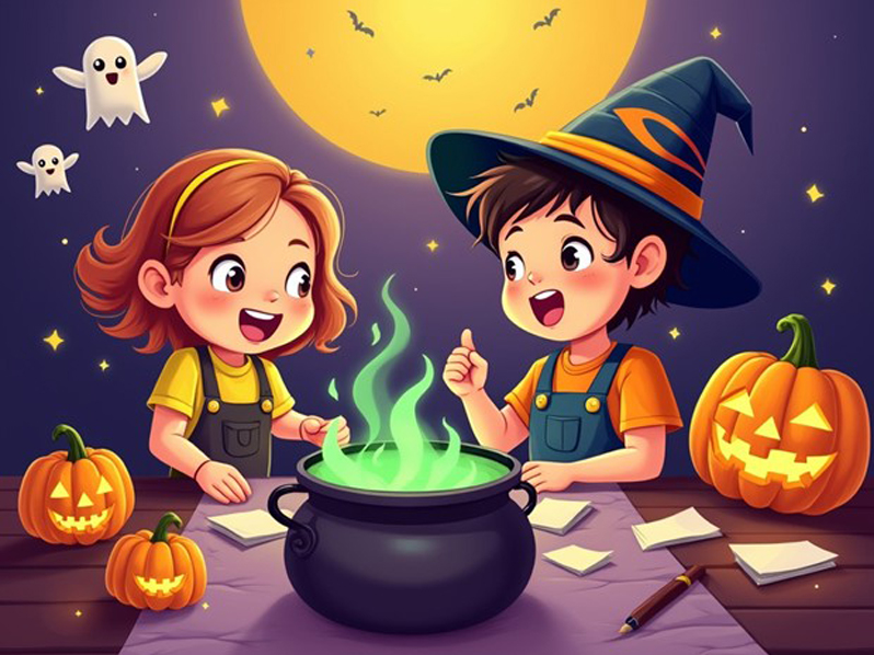 Two children, a girl and a boy, excitedly brewing a green potion in a cauldron on Halloween night