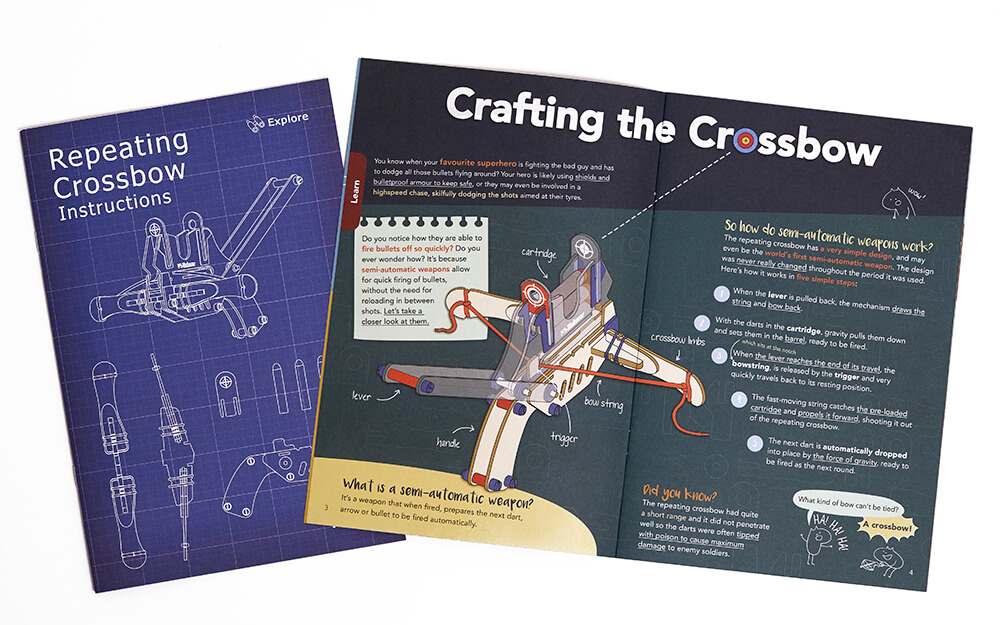 An open instruction booklet for building a repeating crossbow lies on a white surface. The left page, titled Repeating Crossbow Instructions, displays a blueprint-style image of the crossbow and its disassembled parts. The right page, titled Crafting the Crossbow, features a colorful illustration of the assembled crossbow with labeled parts, along with a numbered explanation of how the semi-automatic mechanism works. The text also includes a Did You Know section offering historical facts about repeating crossbows. The booklet's design is educational and engaging, likely aimed at children or young adults interested in building and understanding simple mechanics.