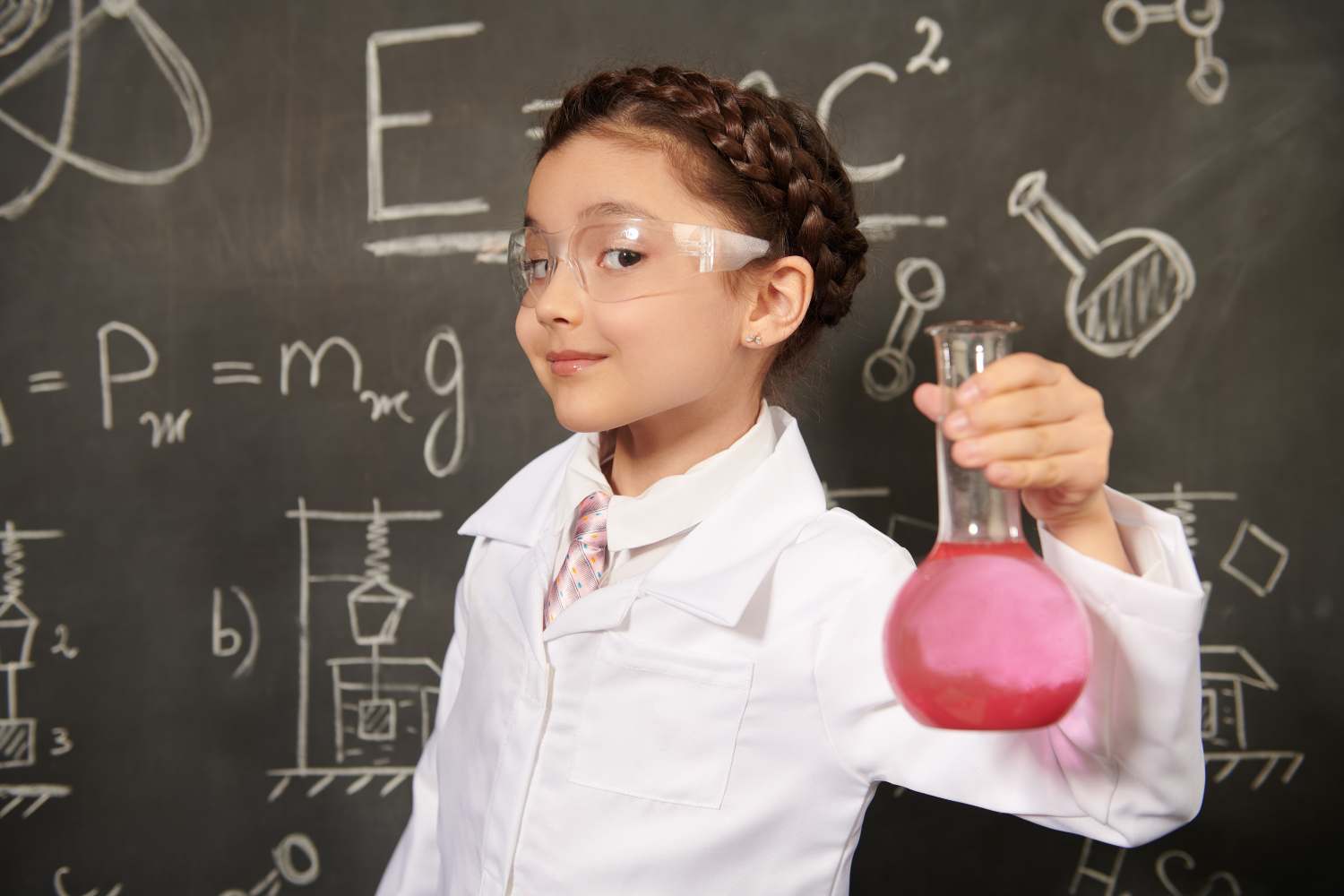 A young girl, dressed in a white lab coat and protective eyewear, holds a round-bottom flask containing a pink liquid. She stands in front of a blackboard filled with scientific formulas and diagrams, including depictions of molecules and physics equations. Her hair is styled in a braided crown, and she wears a patterned necktie under her lab coat. She looks directly at the camera with a slight smile, conveying an impression of curiosity and engagement with science.