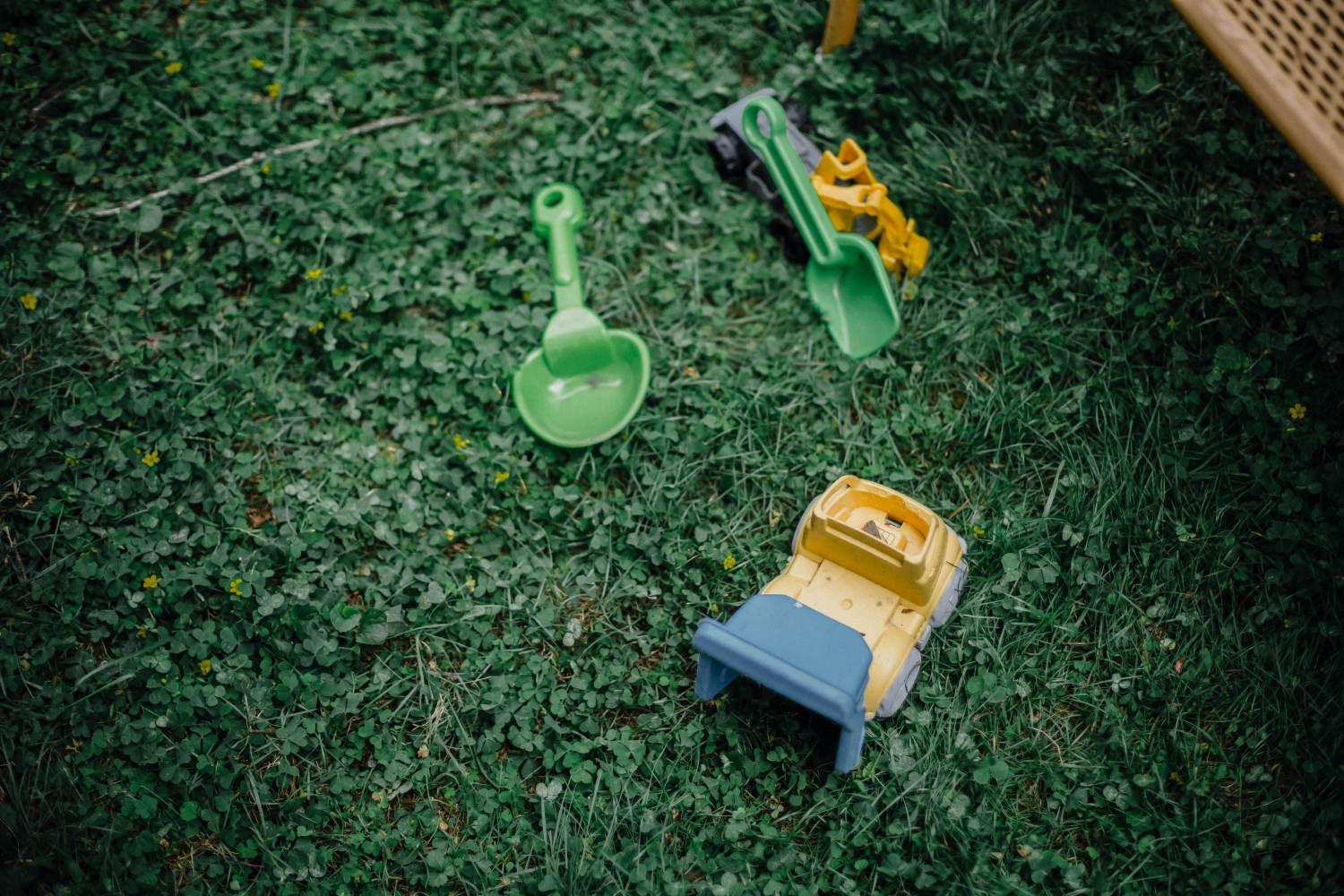 An overhead view of colorful plastic children's toys, including a yellow and blue dump truck and green shovels, scattered on a lawn of green grass and clover.