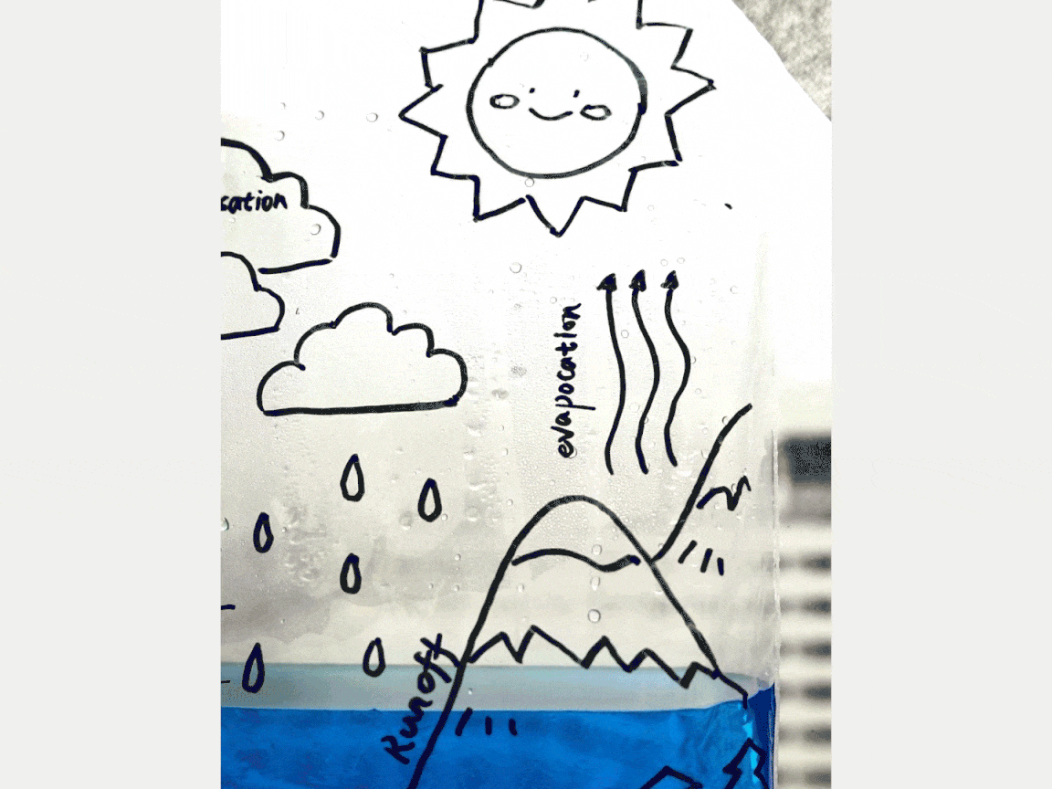 A clear plastic zip-top bag serves as a visual aid to demonstrate the water cycle. Drawn on the bag in black marker are simple illustrations of a smiling sun, clouds, rain droplets, mountains, and a body of water at the bottom. Labels indicate evaporation with upward arrows near the mountains, condensation within the clouds, precipitation where raindrops fall, and runoff as the water flows down the mountains. Blue colored water inside the bag represents the collected water. Condensation droplets are visible on the inside of the bag, further illustrating the water cycle in action.