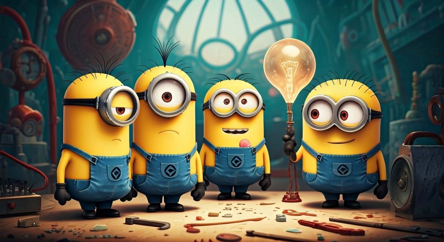 Four Minions, the small, yellow, cylindrical creatures from the Despicable Me franchise, stand on a cluttered workbench in a dimly lit workshop. They wear their signature denim overalls and goggles. One Minion holds a lit lightbulb, seemingly a new invention or discovery. The other Minions react with varying expressions of curiosity, boredom, and excitement. Tools and miscellaneous parts are scattered across the workbench surface. The background features intricate machinery and piping, suggesting a complex and slightly chaotic workspace.