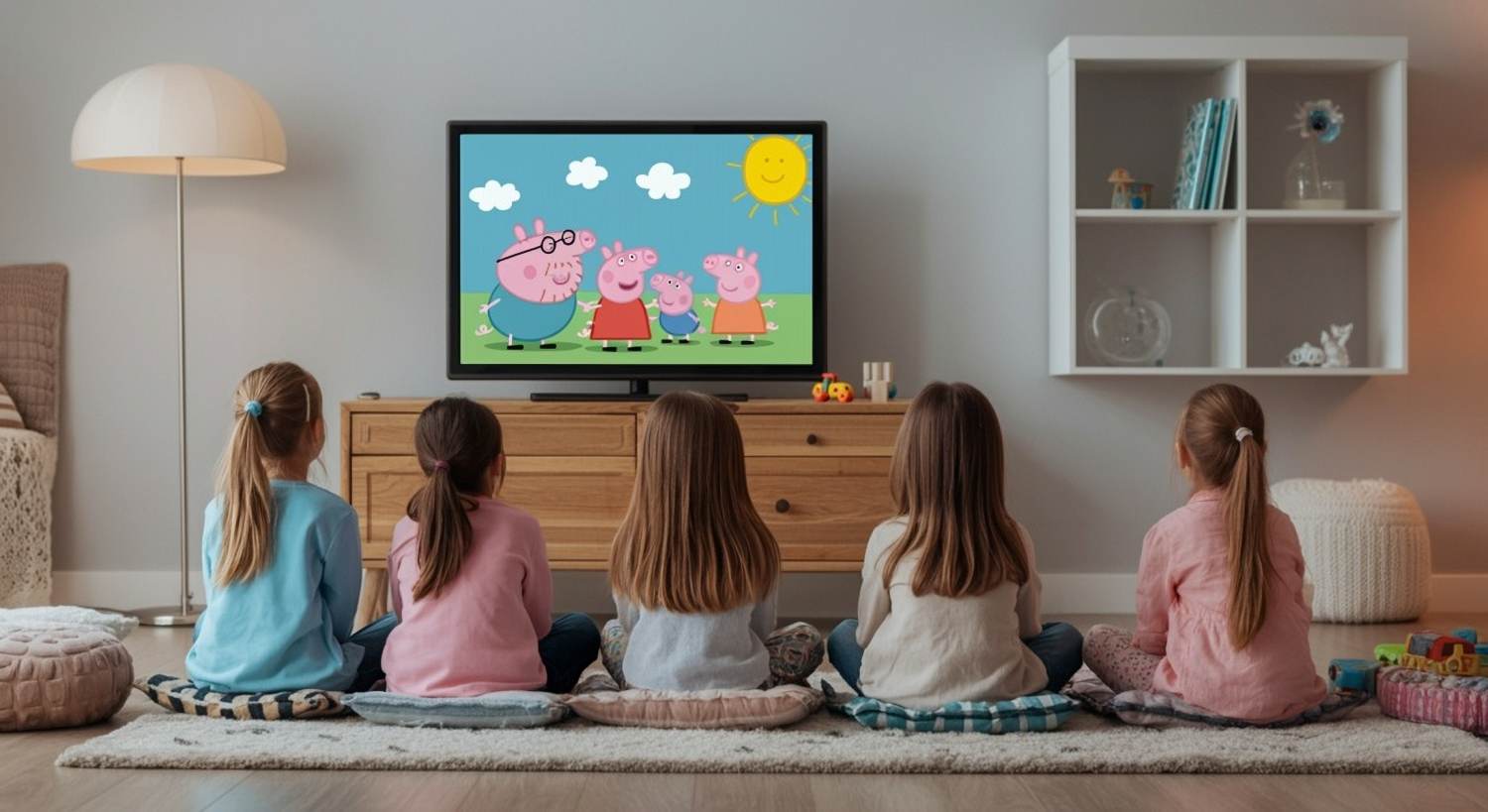 Four young girls, seen from the back, sit on small cushions on a rug and watch Peppa Pig on a flat-screen television. They are engrossed in the program, which features the cartoon pig family. The girls have their hair tied back in ponytails. The room is a simple, modern space with a light-colored floor, a floor lamp, a wooden media console beneath the TV, and a white shelving unit on the wall. A few toys are visible on the floor near the girls.