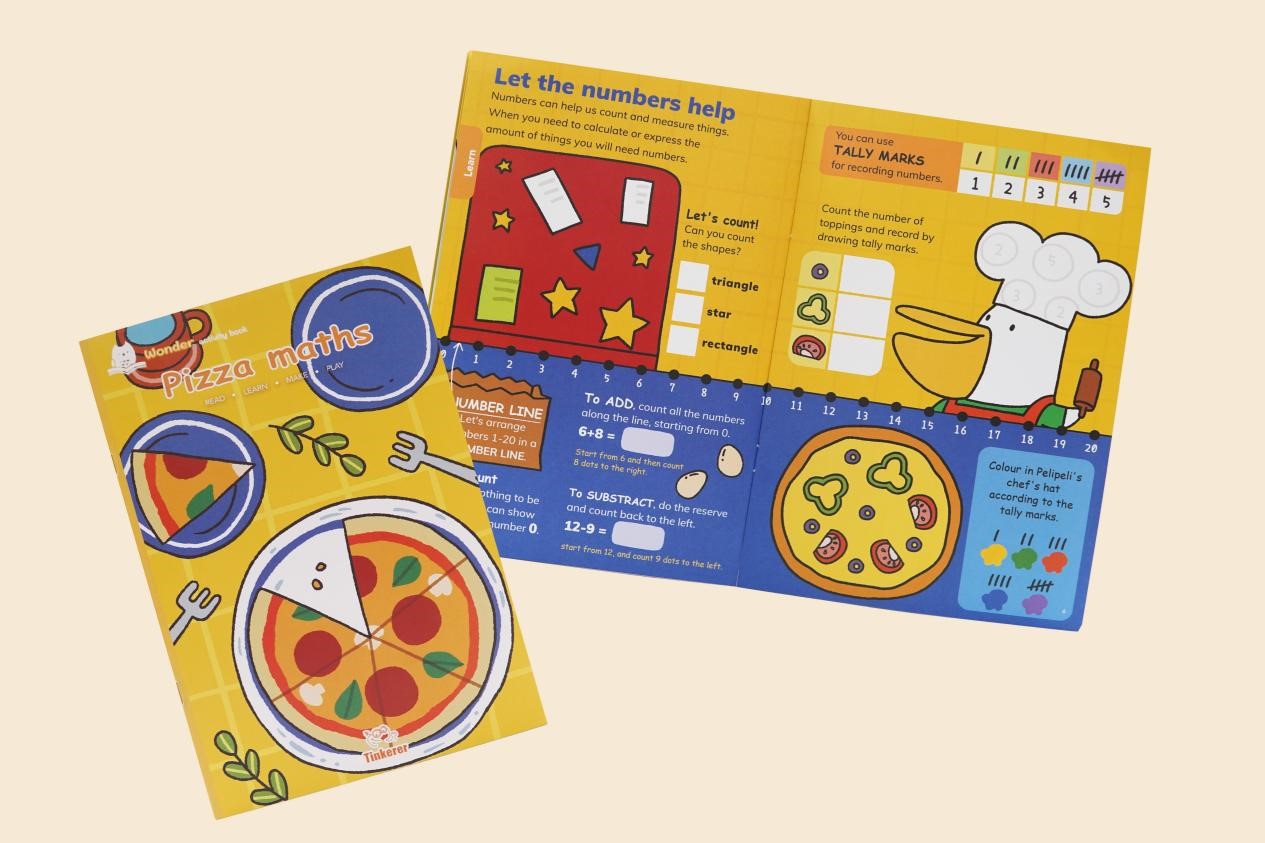 A colourful and engaging children's book about pizza and math. The book features bright illustrations and simple activities that teach children about numbers, counting, addition, subtraction, and tally marks. The book is designed to make learning fun and interactive, with a focus on real-world examples that children can relate to.