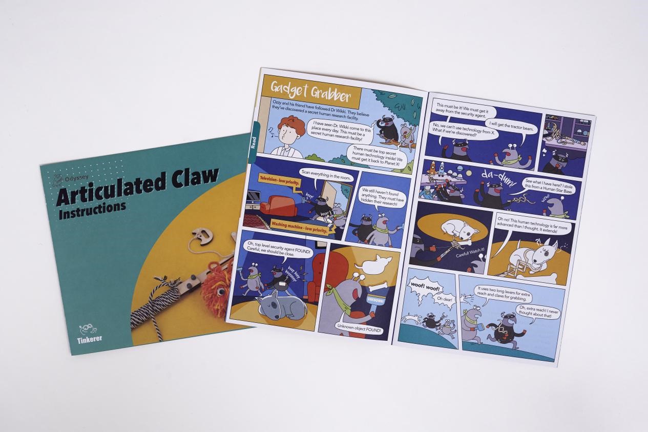 A set of colorful instructions for a fun, educational science project. The instructions are in the form of a comic book, featuring a group of aliens on a mission to explore a human research facility. The comic is full of humor and adventure, making learning about science engaging and exciting for kids.