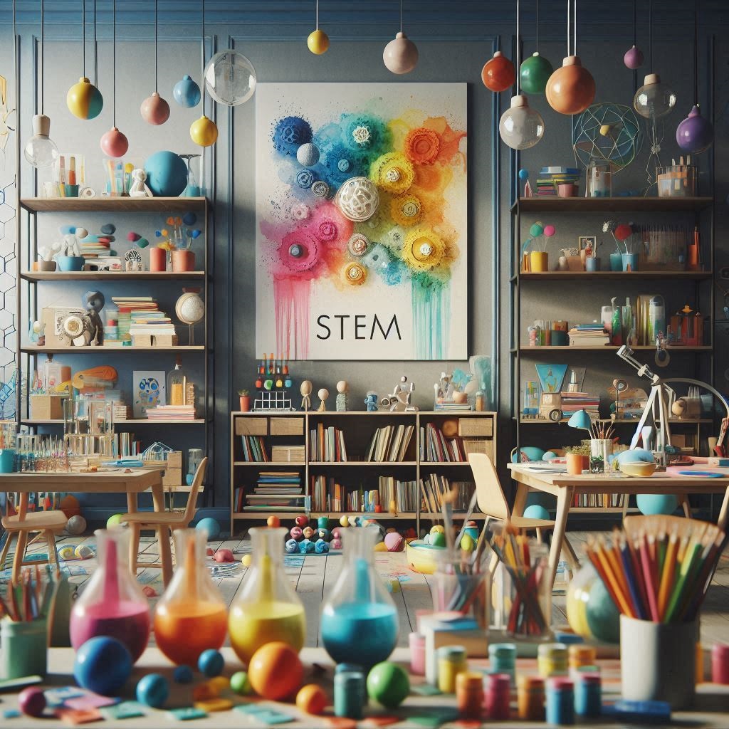 Stepping into this engaging STEM-focused space, one is immediately captivated by the kaleidoscope of colors, textures, and tools that fill the room. From the array of scientific instruments and craft materials to the large, abstract painting at the center - a swirling composition of dynamic shapes and patterns - every element combines to cultivate a truly immersive environment dedicated to hands-on learning and exploratory discovery. The carefully curated collection of resources and décor effectively transforms this room into a vibrant, visually stimulating hub of STEM driven creativity and innovation.